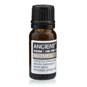 Flaska med 10 ml eterisk muskotolja med etikett