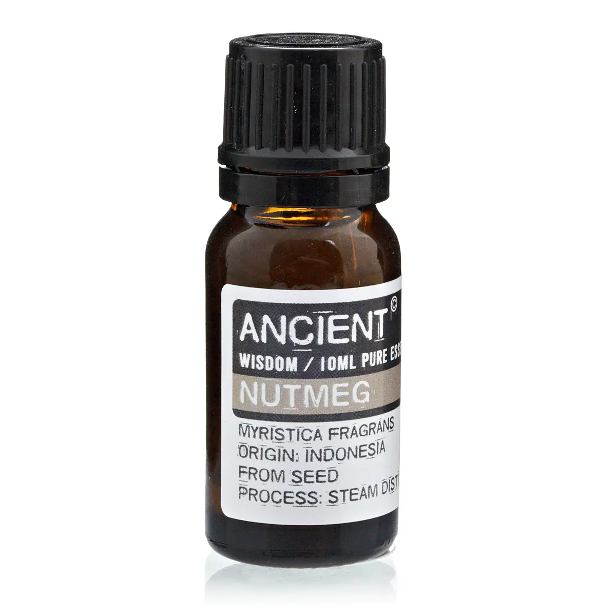 Flaska med 10 ml eterisk muskotolja med etikett