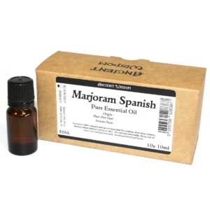 10 ml flaska och kartong med omarkerad spansk mejram eterisk olja