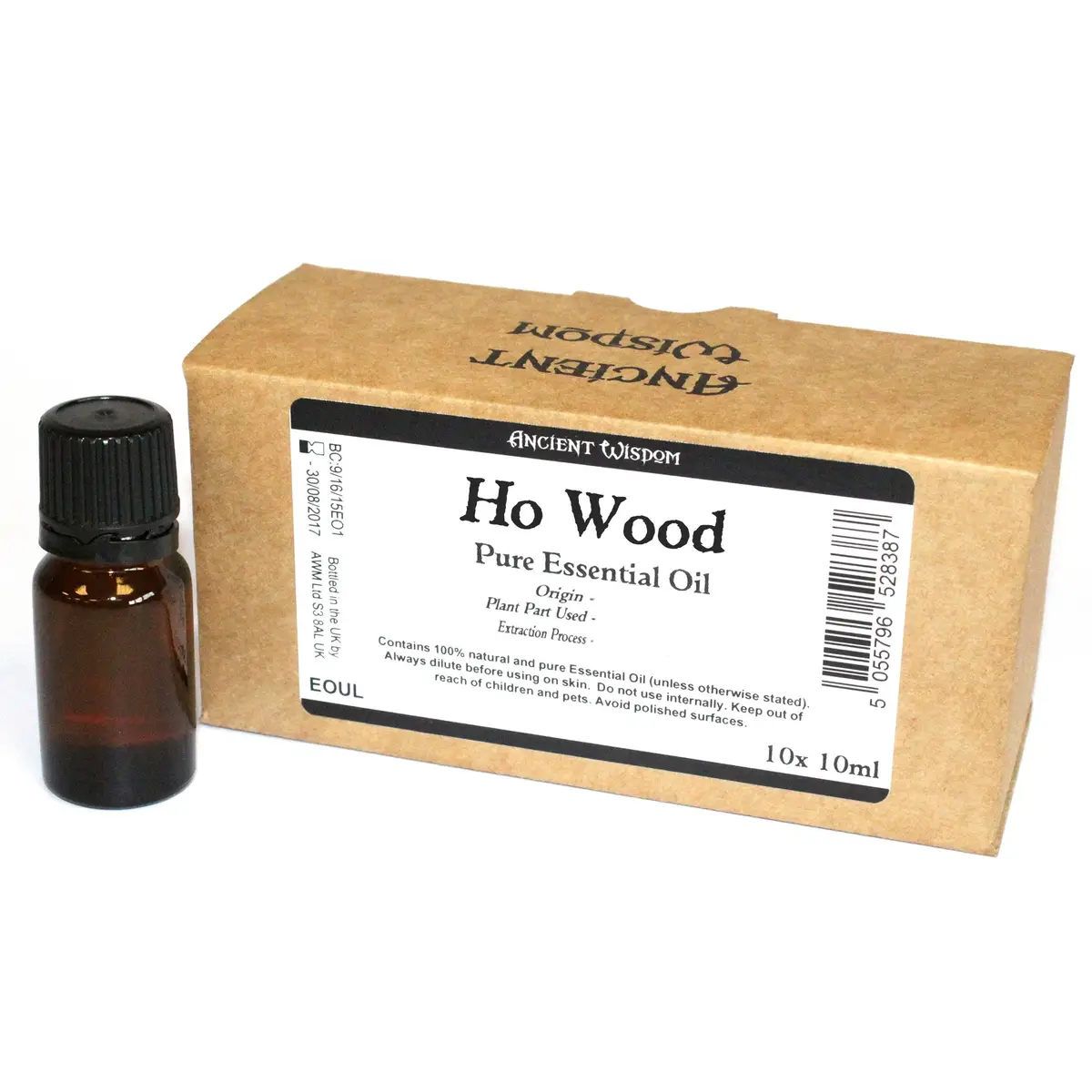 10 ml flaska och kartong med Ho Wood eterisk olja utan etikett