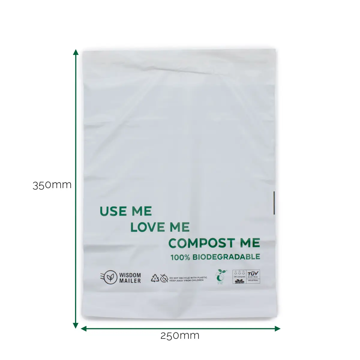 Vit postpåse med text om biologisk nedbrytbarhet och måtten 250x350 mm