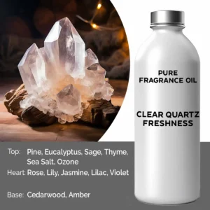 Flaska med ren doftolja Clear Quartz Freshness och klara kvarts kristaller