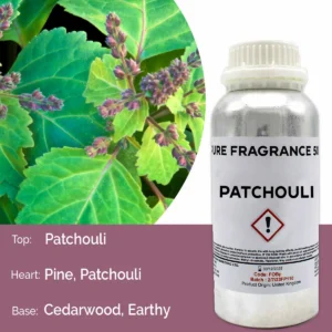 Metallflaska med ren patchouli doftolja och närbild på patchouli växt med gröna blad och lila blommor