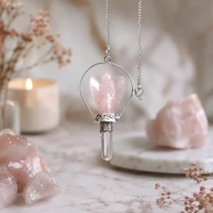 Ädelstenspendel med ängel i rosenkvarts och ringram - produktbild 3