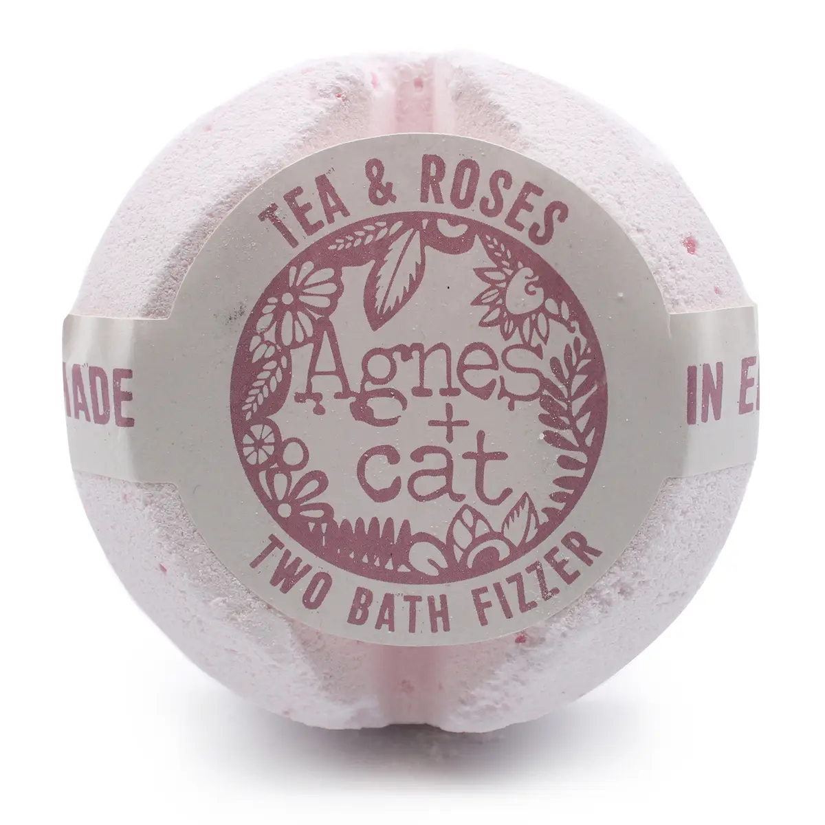 Rosa rund badfizzer med etikett Tea & Roses från Agnes and Cat