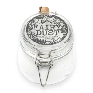 Glasburk med Agnes and Cat Fairy Dust badpulver i doften Seasalt & Moss