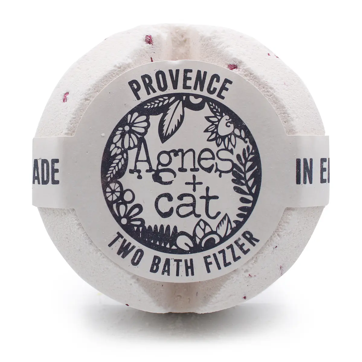 Rund vit badbomb med Provence-doft från Agnes + Cat med dekorativ etikett