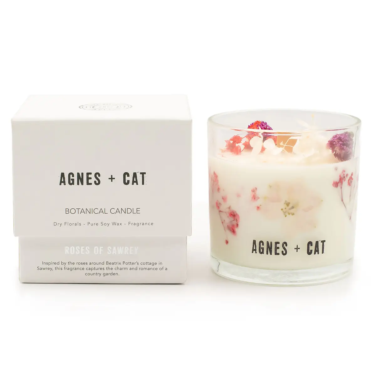 Agnes + Cat doftljus i glas med torkade blommor och vit presentförpackning