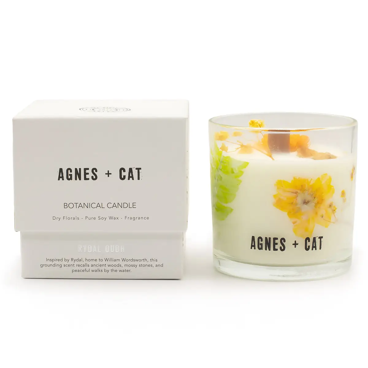 Doftljus i glas med torkade gula och gröna blommor från Agnes + Cat