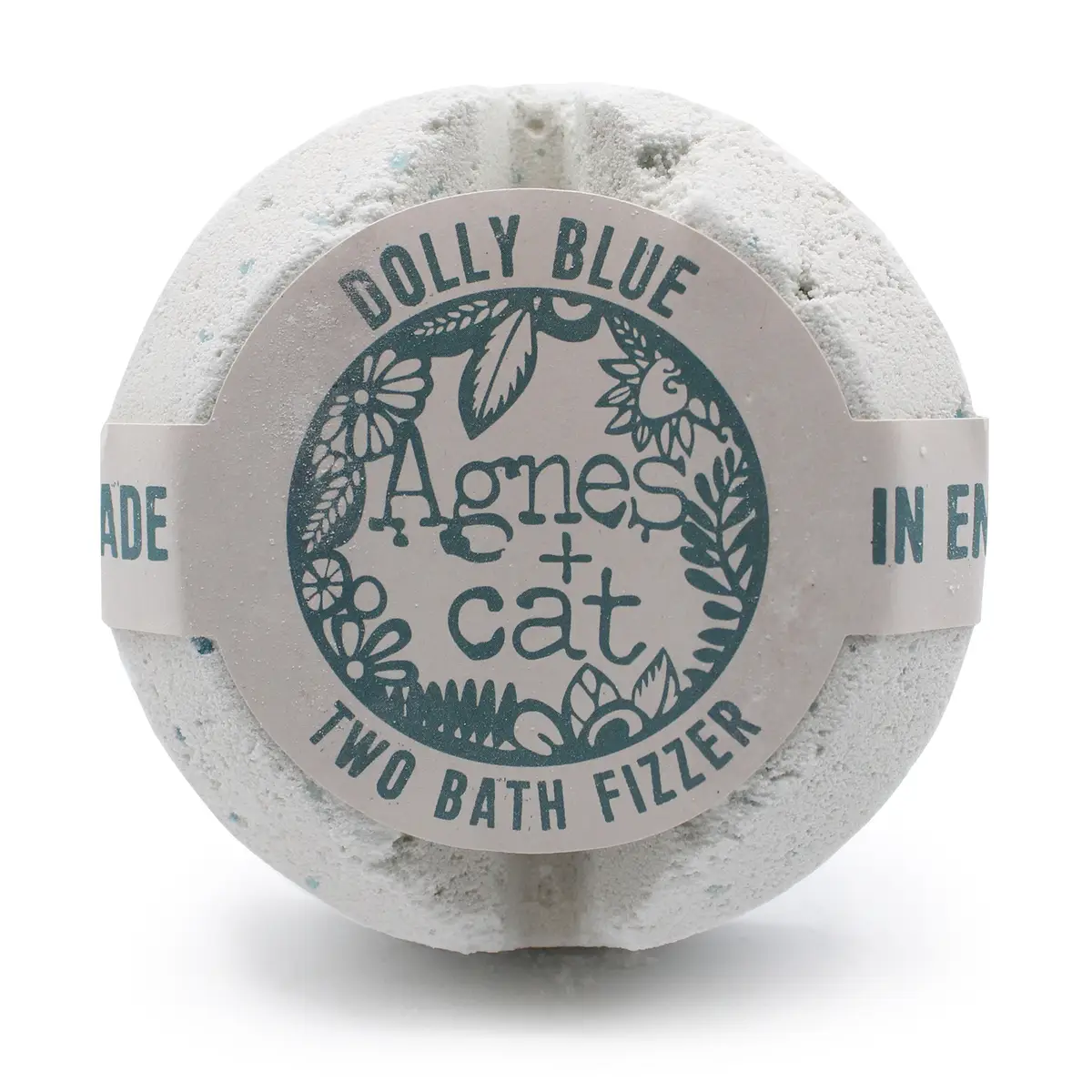 Rund vit badfizzer med etikett Agnes & Cat Dolly Blue