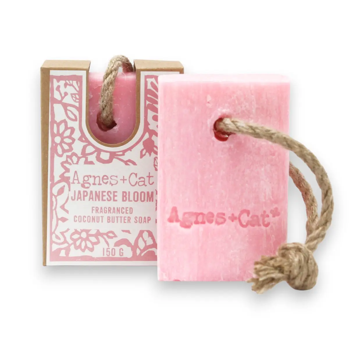 Rosa tvål på rep från Agnes + Cat med japansk blomdoft och förpackning