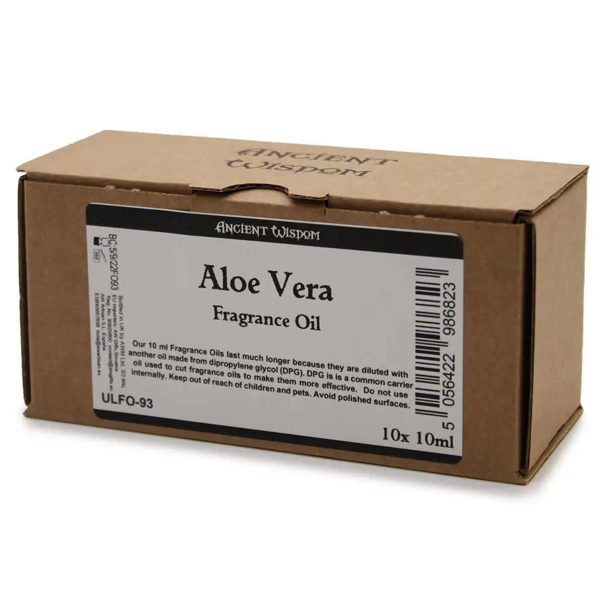 Förpackning med Ancient Wisdom Aloe Vera doftolja i kartong
