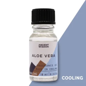 Flaska med Ancient Wisdom Aloe Vera doftolja 10 ml med svart lock och etikett i vitt och blått