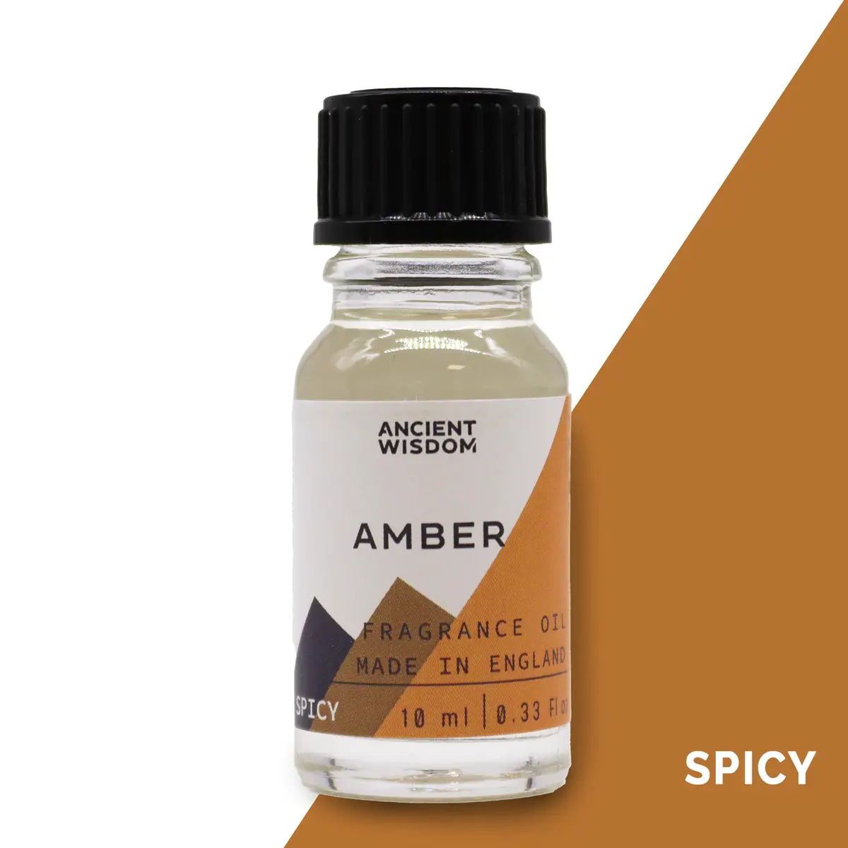 Flaska med Ancient Wisdom Amber doftolja 10 ml med svart lock och etikett i bruna nyanser
