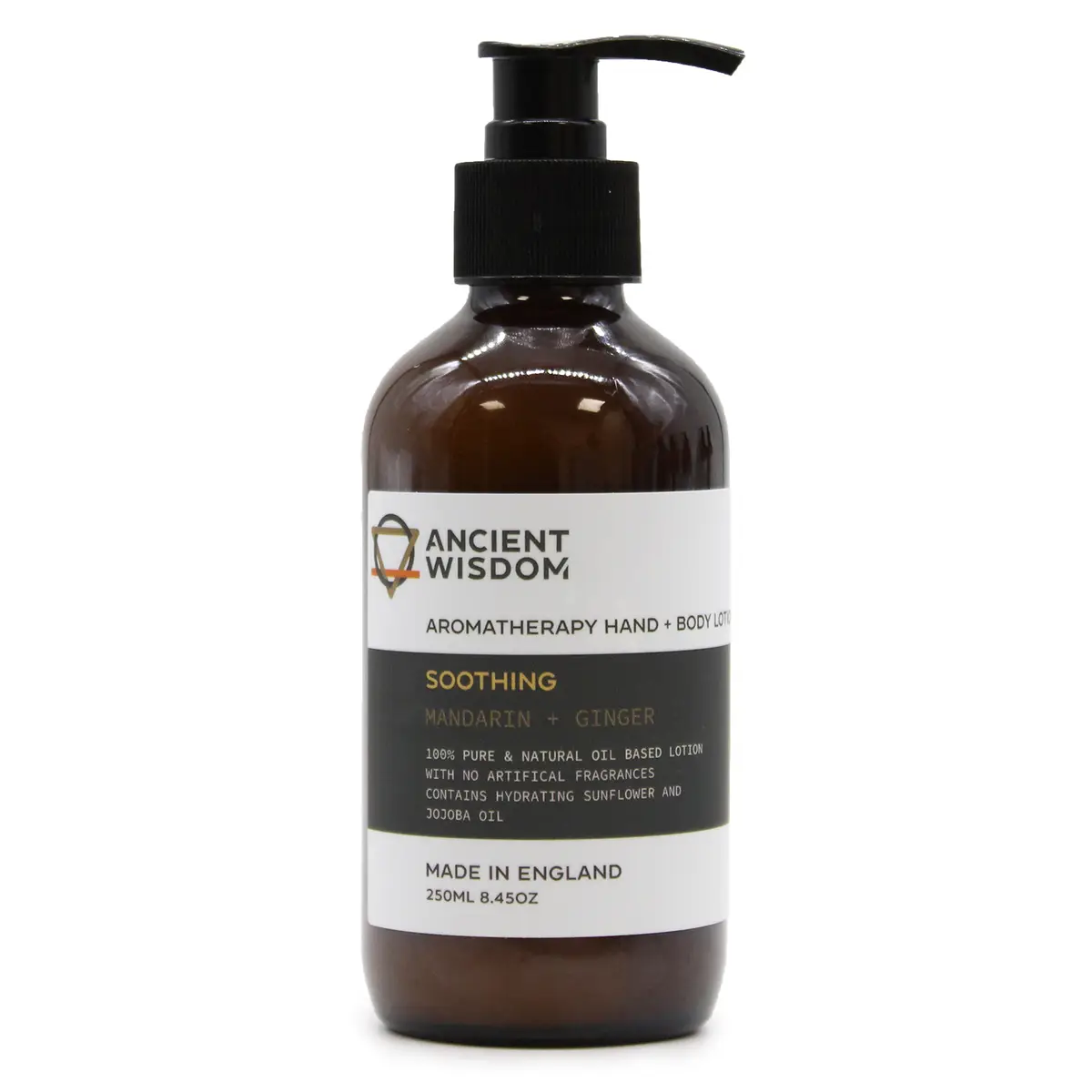 Flaska med Ancient Wisdom aromaterapi hand- och kroppslotion mandarin och ingefära