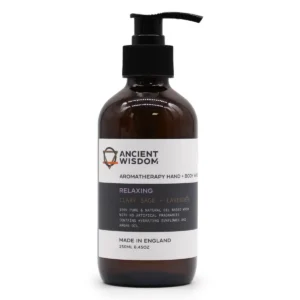 Flaska med Ancient Wisdom aromaterapi hand- och kroppstvål med pump och etikett