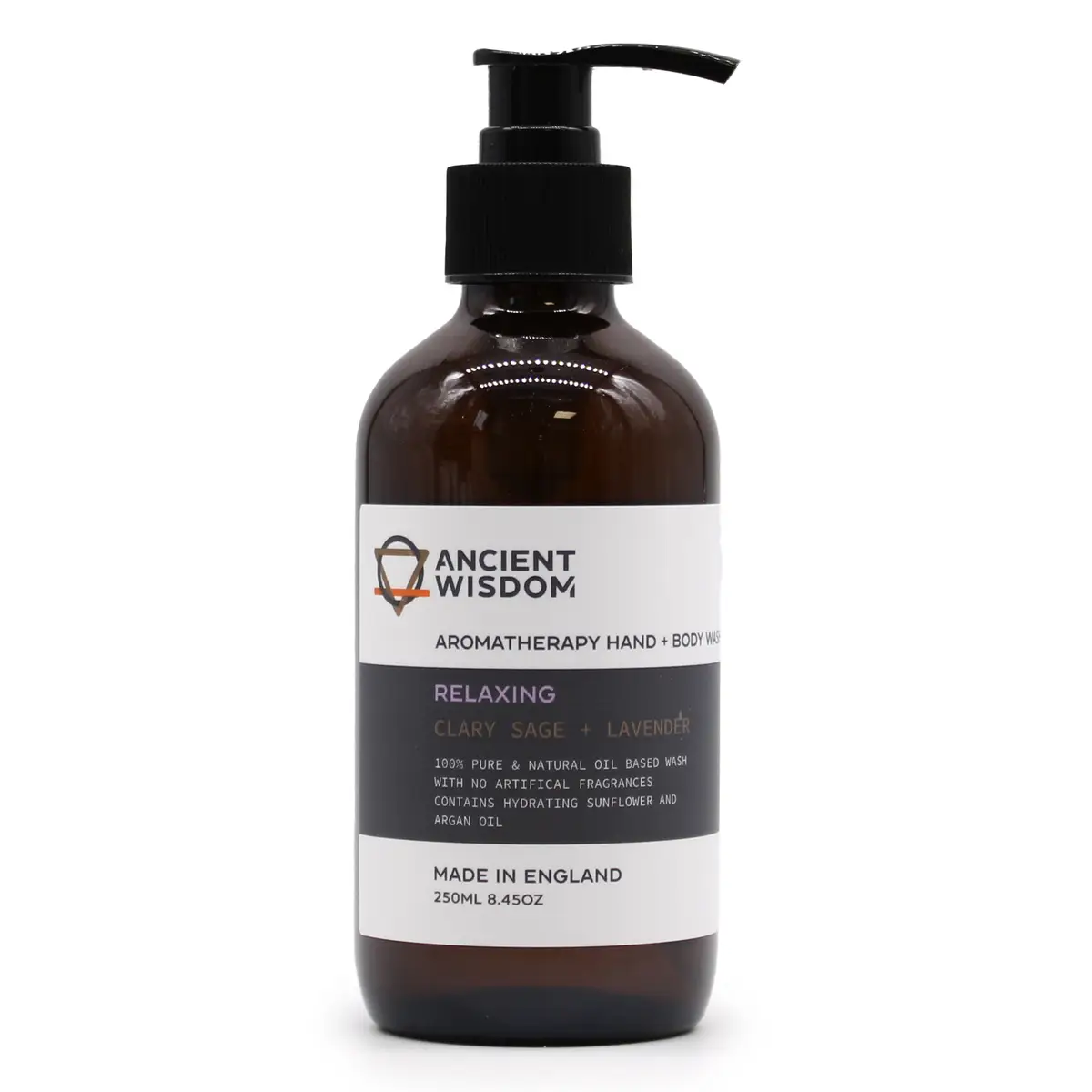 Flaska med Ancient Wisdom aromaterapi hand- och kroppstvål med pump och etikett