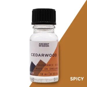 Flaska med Ancient Wisdom cederträ doftolja 10 ml med svart skruvkork och etikett
