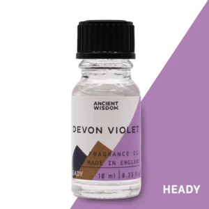 Flaska med Ancient Wisdom Devon Violet doftolja 10 ml med svart skruvkork och lila etikett
