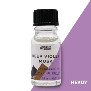 Flaska med Ancient Wisdom doftolja Deep Violet Musk 10 ml med svart skruvkork och lila etikett