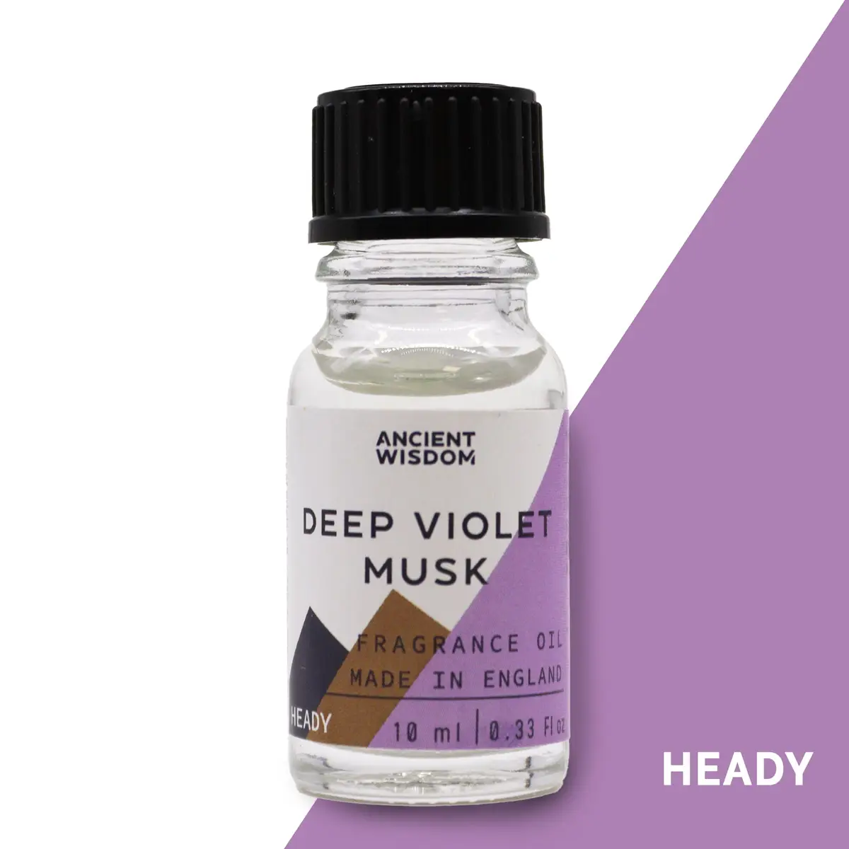 Flaska med Ancient Wisdom doftolja Deep Violet Musk 10 ml med svart skruvkork och lila etikett