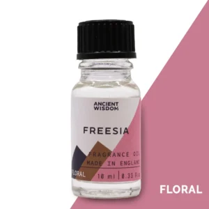 Flaska med Ancient Wisdom doftolja Freesia 10 ml med rosa etikett och svart skruvkork