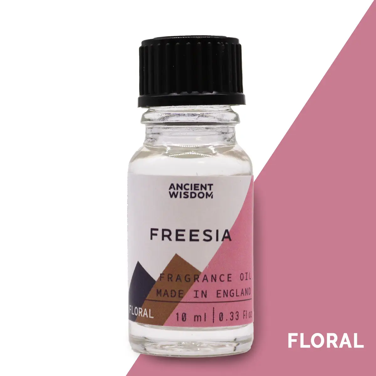 Flaska med Ancient Wisdom doftolja Freesia 10 ml med rosa etikett och svart skruvkork