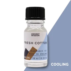 Flaska med Ancient Wisdom doftolja Fresh Cotton 10 ml med etikett och svart skruvkork