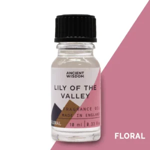 Flaska med Ancient Wisdom doftolja Liljekonvalj 10 ml med svart lock och rosa etikett