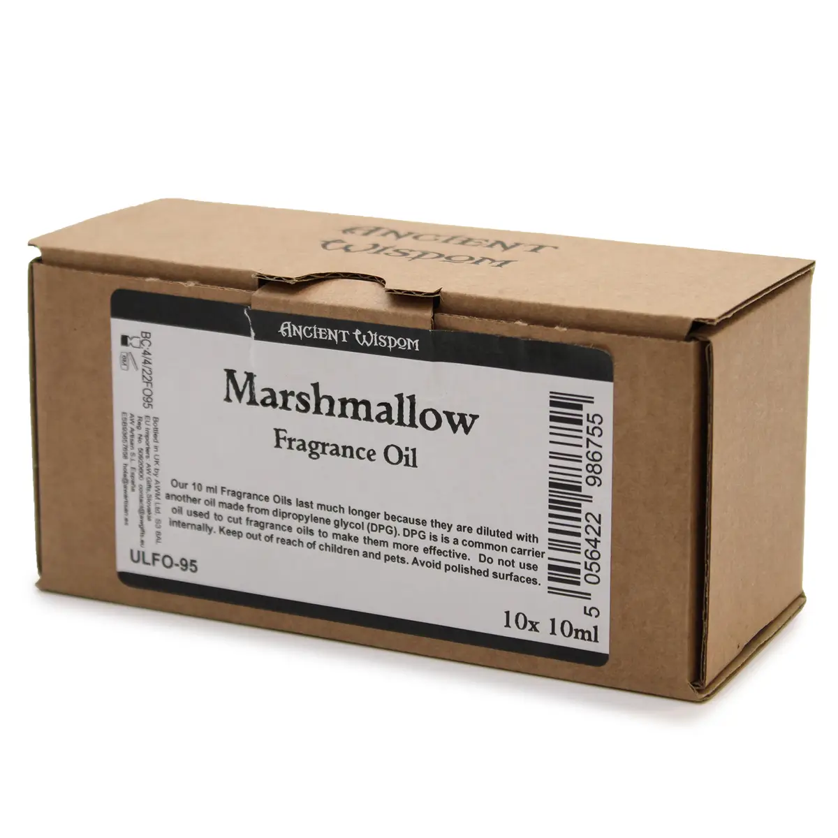 Förpackning med Ancient Wisdom doftolja Marshmallow 10 ml i kartong