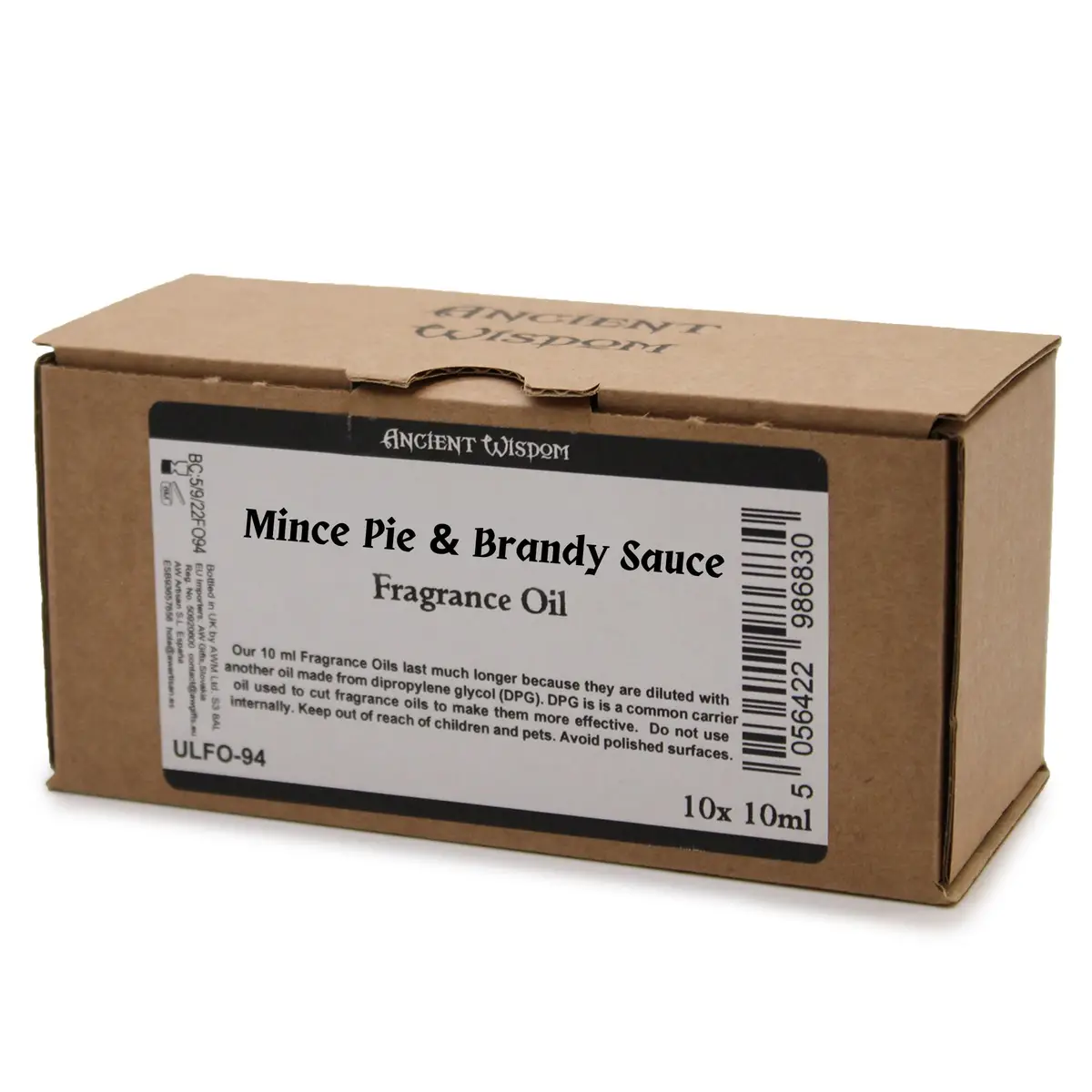 Förpackning med Ancient Wisdom doftolja Mince Pie & Brandy Sauce 10 ml i kartong