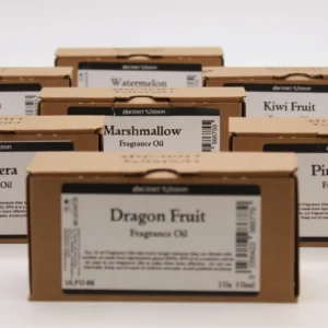 Förpackning med Ancient Wisdom doftoljor i kartong, papaya doftolja i fokus
