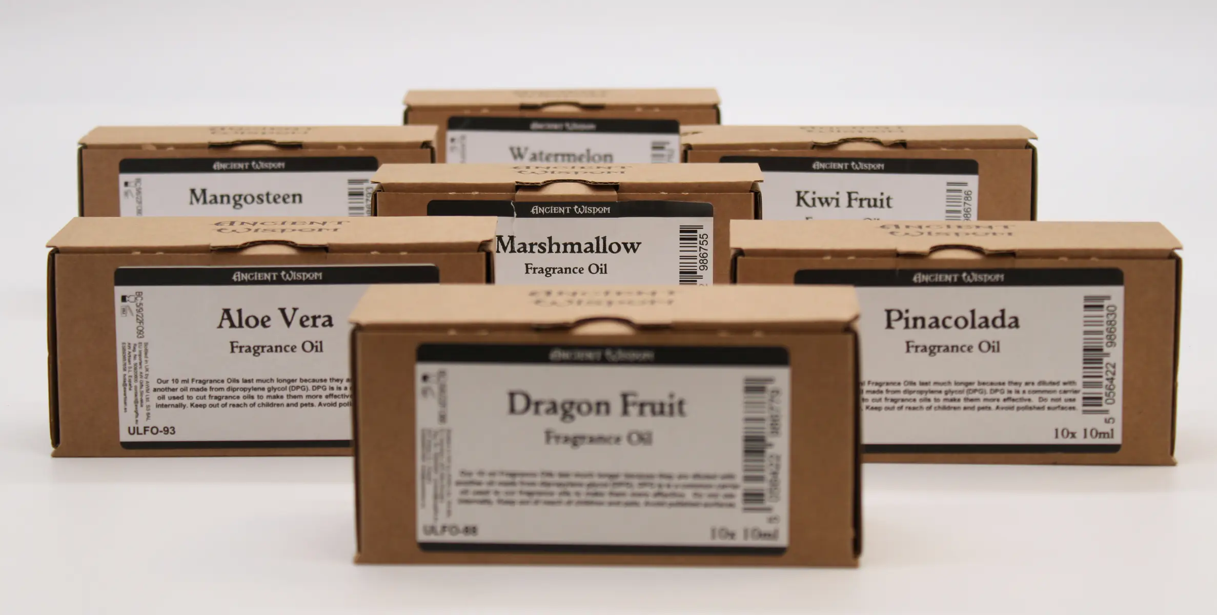 Förpackning med Ancient Wisdom doftoljor i kartong, papaya doftolja i fokus