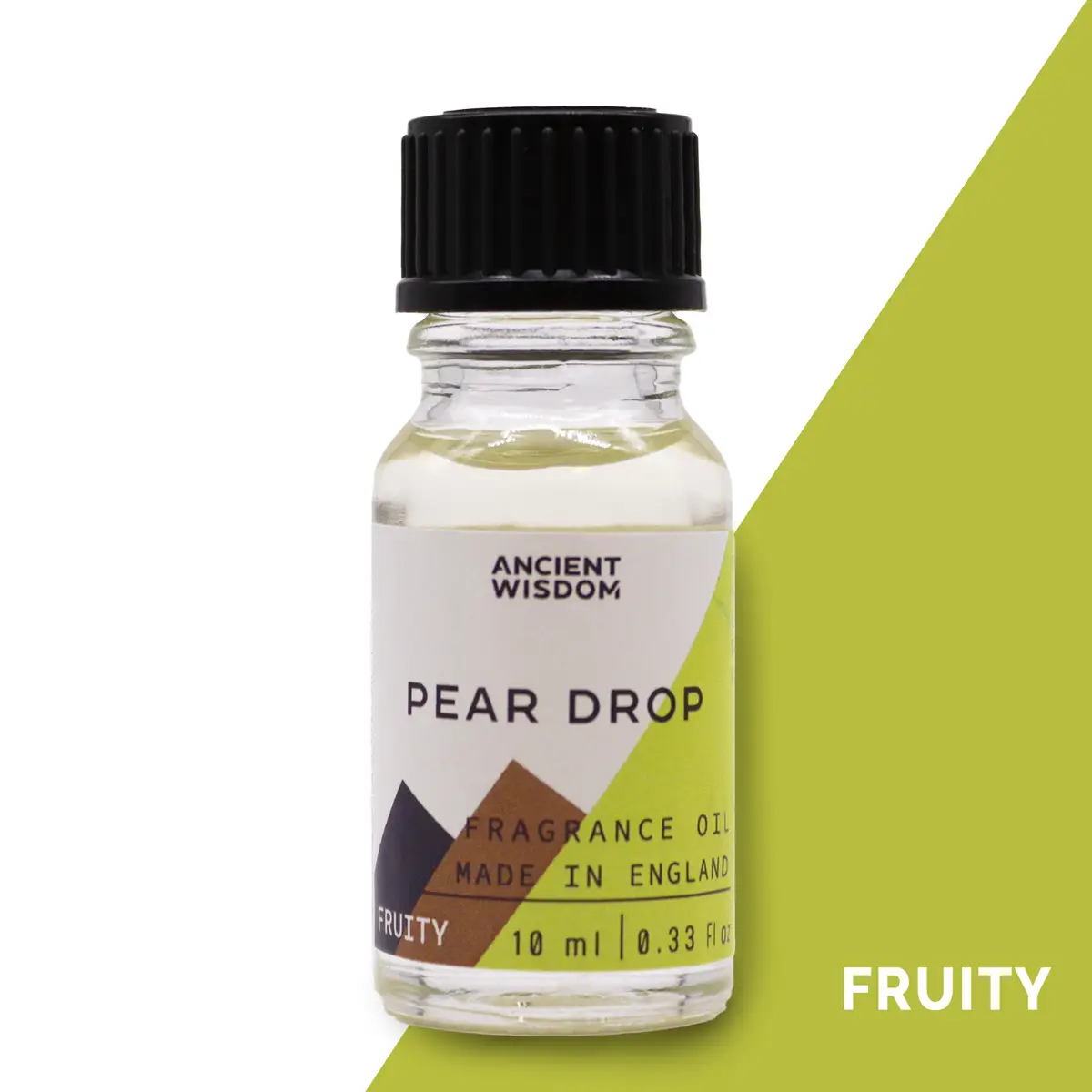 Flaska med Ancient Wisdom doftolja Pear Drop 10 ml med svart lock och etikett