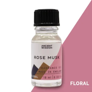Flaska med Ancient Wisdom doftolja ros och mysk 10 ml med svart lock och rosa etikett