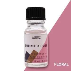 Flaska med Ancient Wisdom doftolja Summer Rose 10 ml med svart lock och rosa etikett