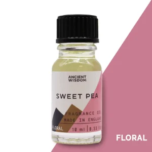 Flaska med Ancient Wisdom doftolja Sweet Pea 10 ml med svart lock och rosa etikett