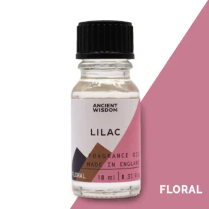 Flaska med Ancient Wisdom doftolja syren 10 ml med svart lock och rosa etikett
