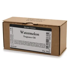 Förpackning med Ancient Wisdom doftolja vattenmelon 10 ml i brun kartong