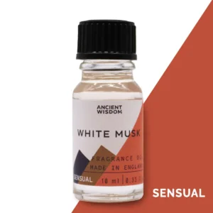 Flaska med Ancient Wisdom doftolja vit mysk 10 ml med svart lock