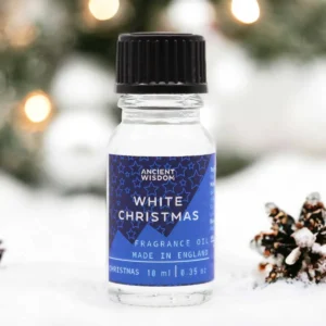 Flaska med Ancient Wisdom White Christmas doftolja 10 ml med blå etikett och svart lock
