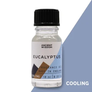 Flaska med Ancient Wisdom eukalyptus doftolja 10 ml med svart skruvkork och etikett i vitt, blått och brunt