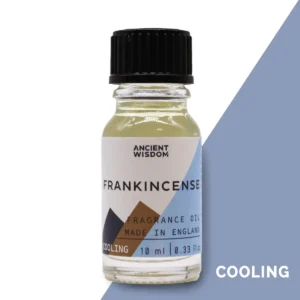 Flaska med Ancient Wisdom Frankincense doftolja 10 ml med svart skruvkork och etikett