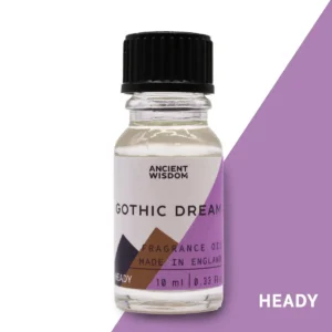 Flaska med Ancient Wisdom Gothic Dream doftolja 10 ml med svart lock och lila etikett