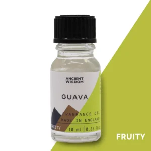 Flaska med Ancient Wisdom Guava doftolja 10 ml med svart skruvkork och etikett
