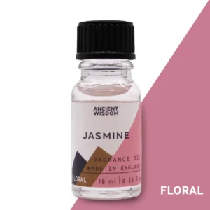 Flaska med Ancient Wisdom Jasmin doftolja 10 ml med svart skruvkork och etikett