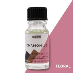 Flaska med Ancient Wisdom kamomill doftolja 10 ml med svart skruvkork och etikett