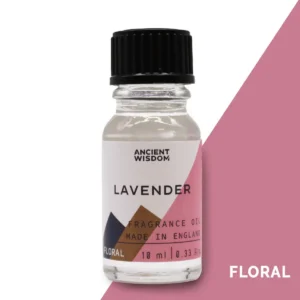 Flaska med Ancient Wisdom lavendel doftolja 10 ml med svart lock och rosa etikett