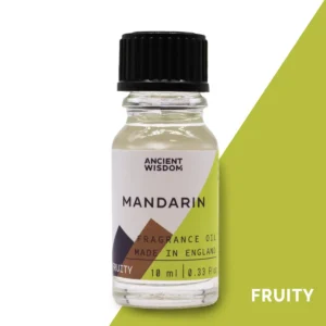 Flaska med Ancient Wisdom Mandarin doftolja 10 ml med svart lock och etikett