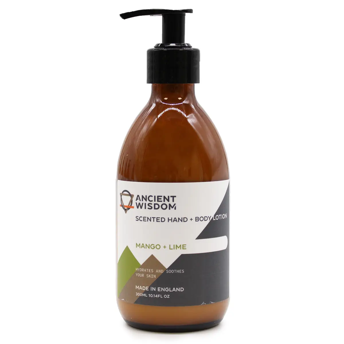 Flaska med Ancient Wisdom Mango- och Limelotion för händer och kropp med pump